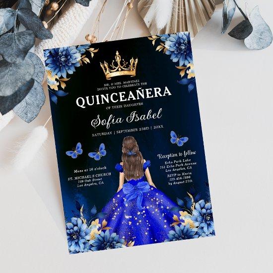 Floral Royal Blue Bilingual Spanish Quinceanera