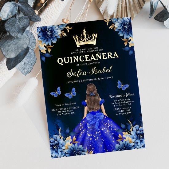 Floral Royal Blue Bilingual Spanish Quinceanera
