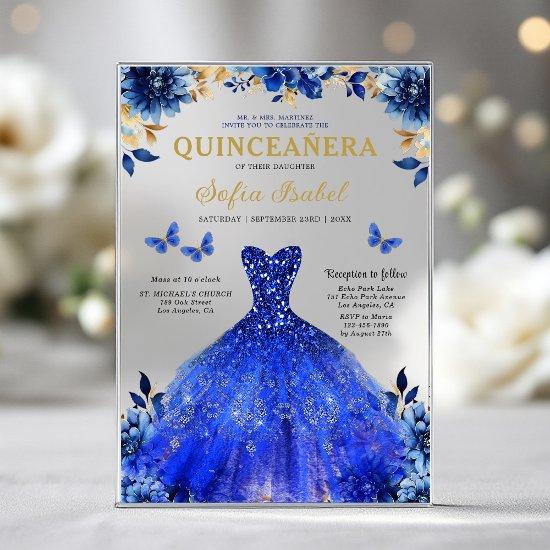 Floral Royal Blue Butterfly Princess Quinceanera Acrylic