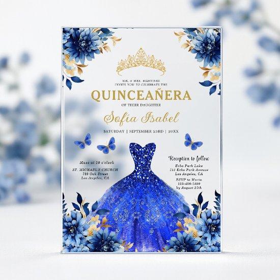 Floral Royal Blue Butterfly Princess Quinceanera Acrylic