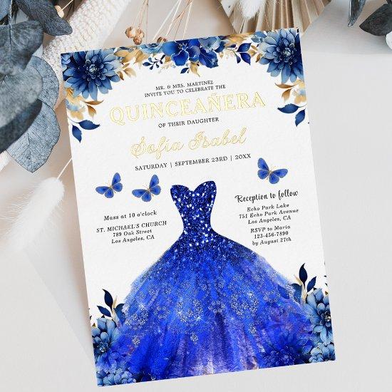 Floral Royal Blue Butterfly Princess Quinceanera Foil