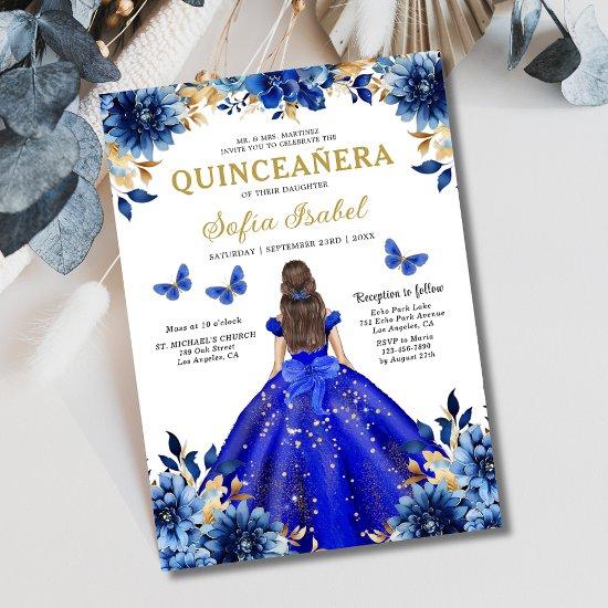 Floral Royal Blue Butterfly Princess Quinceanera