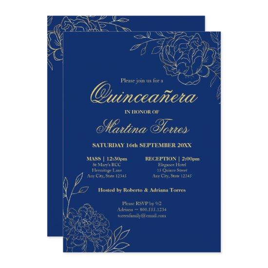 Floral Royal Blue Gold Fine Art Quinceanera