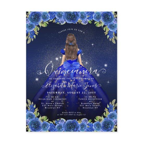 Floral Royal Blue Gold Glam Princess Quinceanera Postcard