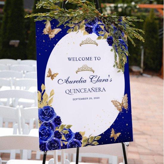 Floral Royal Blue Gold Tiara Butterfly Quinceañera Poster