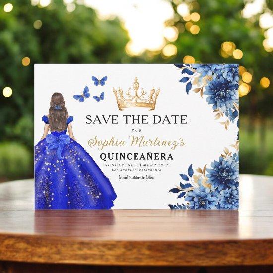Floral Royal Blue Princess Birthday Quinceanera Save The Date