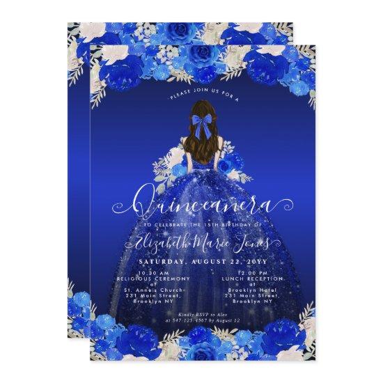 Floral Royal Blue Princess Dress Gown Quinceanera