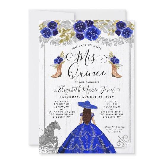 Floral Royal Blue Silver Horse Charra Quinceanera