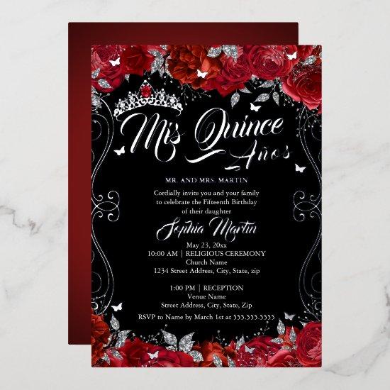Floral Ruby Red Black Mis Quince Quinceanera  Foil