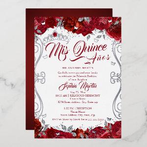 Floral Ruby Silver Red Mis Quince Quinceanera  Foil