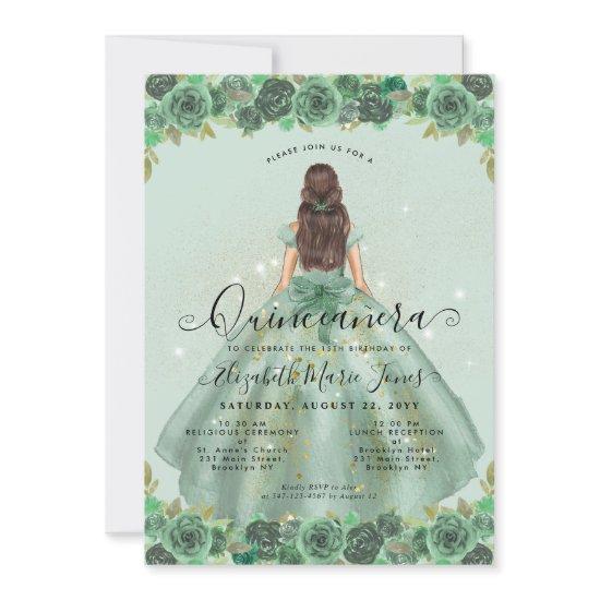 Floral Sage Green Gold Glam Princess Quinceanera