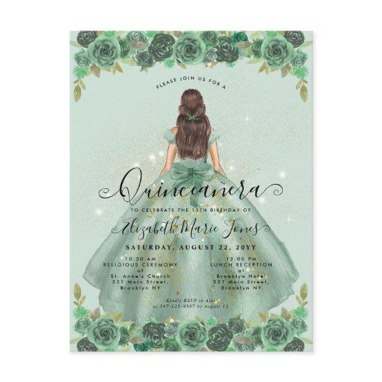 Floral Sage Green Gold Glam Princess Quinceanera Postcard