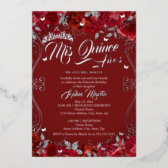 Floral Scroll Ruby Red Mis Quince Quinceanera  Foil