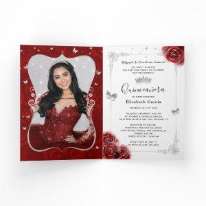 Floral Silver and Red Quinceañera Photo Folded