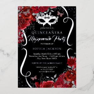 Floral Silver Red Scroll Masquerade Quinceanera Foil