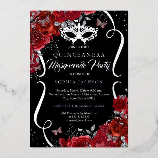 Floral Silver Red Scroll Masquerade Quinceanera Foil