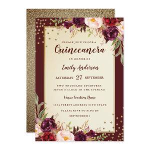 floral Sparkle Burgundy Gold Quinceanera Invite