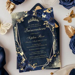 Floral Sparkle Butterfly Navy Gold Quinceanera Foil