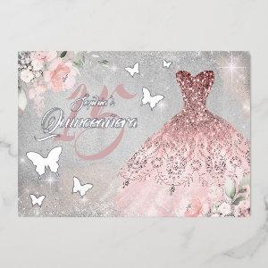 Floral Sparkle Dress Butterfly Pink Quinceanera Foil