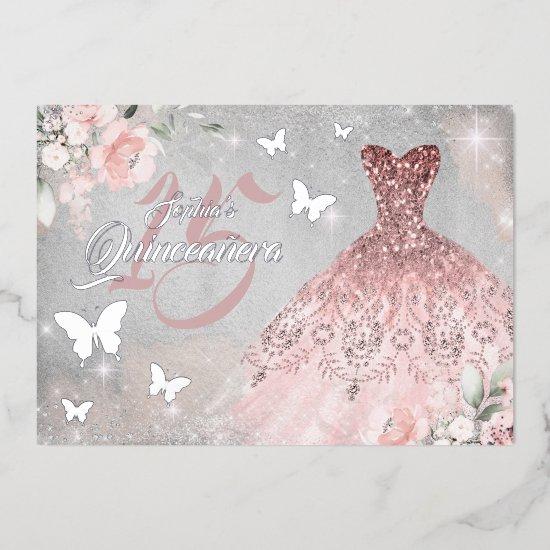 Floral Sparkle Dress Butterfly Pink Quinceanera Foil