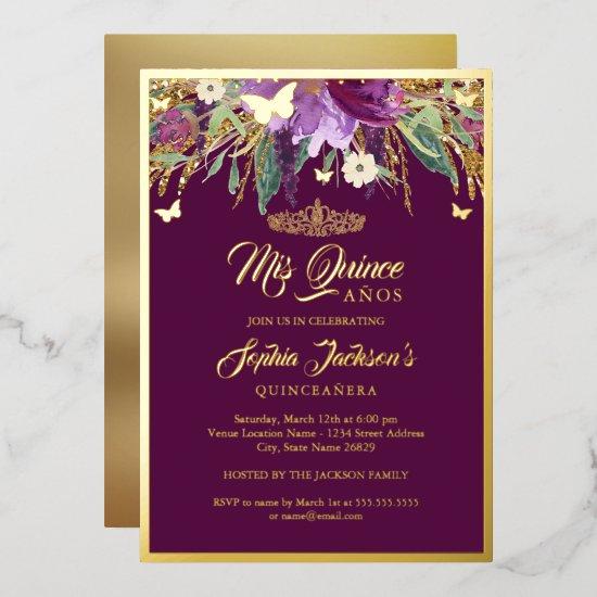 Floral Sparkling Amethyst Quinceanera Birthday 15 Foil