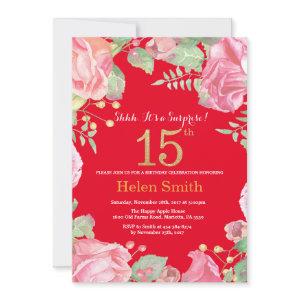 Floral Surprise 15th Birthday Gold Glitter and Red