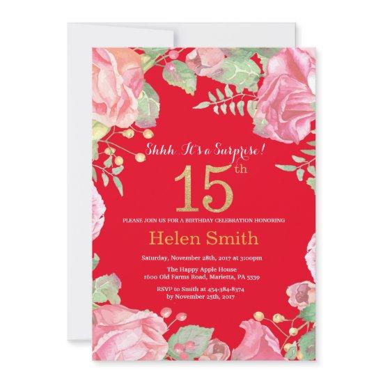 Floral Surprise 15th Birthday Gold Glitter and Red