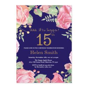 Floral Surprise 15th Birthday Gold Glitter Blue