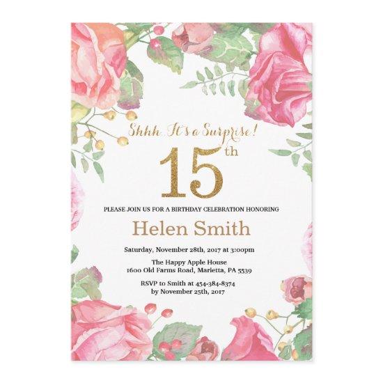 Floral Surprise 15th Birthday Gold Glitter