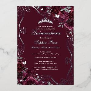 Floral Swirl Butterfly Burgundy Quinceanera Foil