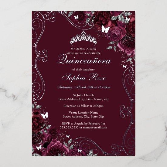 Floral Swirl Butterfly Burgundy Quinceanera Foil
