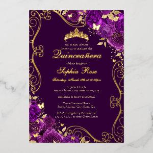 Floral Swirl Butterfly Purple Quinceanera Foil