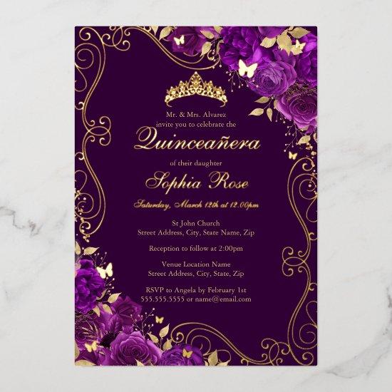 Floral Swirl Butterfly Purple Quinceanera Foil