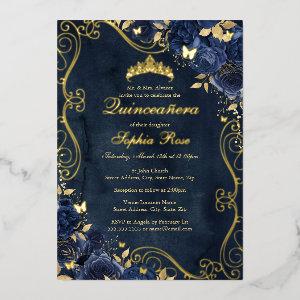 Floral Swirl Gold Navy Butterfly Quinceanera Foil