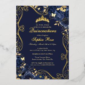 Floral Swirl Navy Gold Butterfly Quinceanera Foil