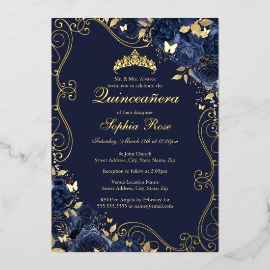Floral Swirl Navy Gold Butterfly Quinceanera Foil