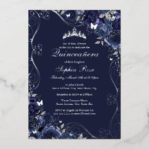 Floral Swirl Navy Silver Butterfly Quinceanera Foil