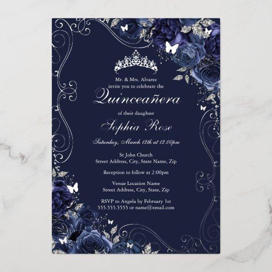 Floral Swirl Navy Silver Butterfly Quinceanera Foil
