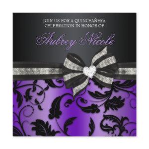 Floral Swirl Quinceañera Invite With Jeweled Bow
