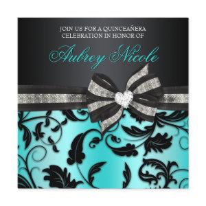 Floral Swirl Quinceañera Invite With Jeweled Bow