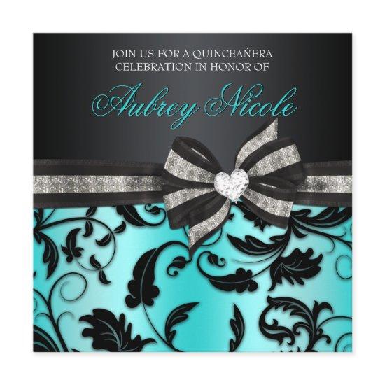 Floral Swirl Quinceañera Invite With Jeweled Bow