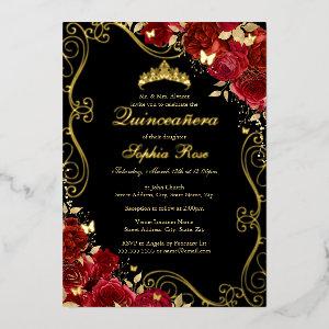 Floral Swirl Red Gold Black Butterfly Quinceanera Foil