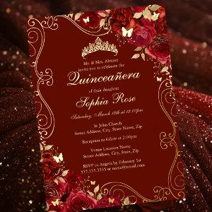 Floral Swirl Red Gold Butterfly Quinceanera Foil