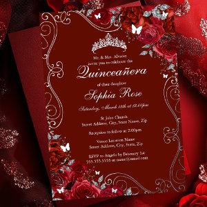 Floral Swirl Red Silver Butterfly Quinceanera Foil