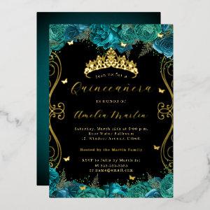 Floral Teal Black Gold Scroll Quinceanera  Foil