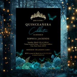 Floral Teal Blue Butterfly Tiara Quinceanera Foil