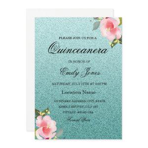 Floral Teal faux glitter Quinceanera