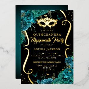 Floral Teal Gold Scroll Masquerade Quinceanera Foil