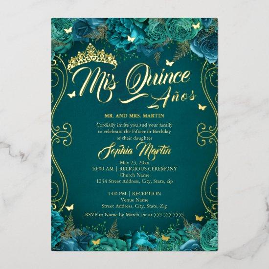 Floral Teal Gold Scroll Mis Quince Quinceanera  Foil