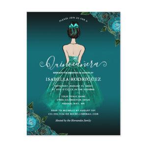 Floral Teal Princess Gold Birthday Quinceañera Postcard